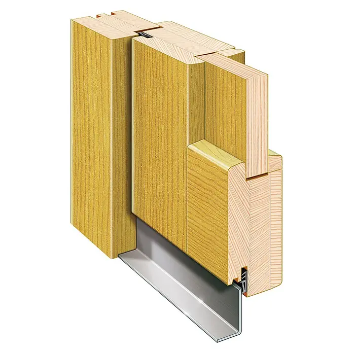 Solid Elements Nebeneingangstür 8703 - 98 x 198 cm, DIN Anschlag: Links, Natur - Querschnitt einer Holztür mit Metalleinfassung. Die Türkonstruktion zeigt Details zu Holzart, Verarbeitung und Beschlägen.