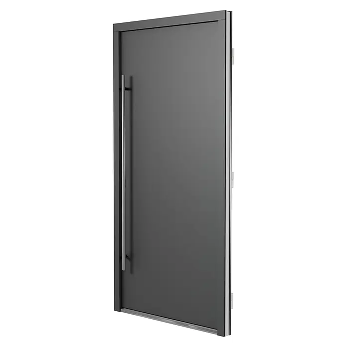 Solid Elements Haustür 7003 - 110 x 210 cm, DIN Anschlag: Links, Anthrazitgrau/Weiß - Aufnahme einer modernen, grauen Tür mit einem schlanken, vertikalen Griff, die ein elegantes und minimalistisches Design aufweist.