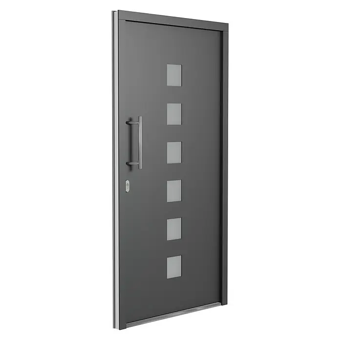 Solid Elements Haustür 7004 - 110 x 210 cm, DIN Anschlag: Links, Anthrazitgrau/Weiß - Eine moderne, graue Haustür mit silbernem Rahmen, einem langen Griff und sechs quadratischen Fenstern, die ein elegantes Design bietet.