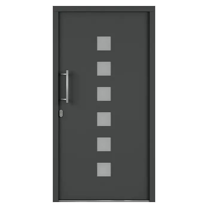 Solid Elements Haustür 7004 - 110 x 210 cm, DIN Anschlag: Links, Anthrazitgrau/Weiß - Graue Haustür mit sechs quadratischen Glaseinsätzen, einem silbernen Griff und einem Schlüsselloch.