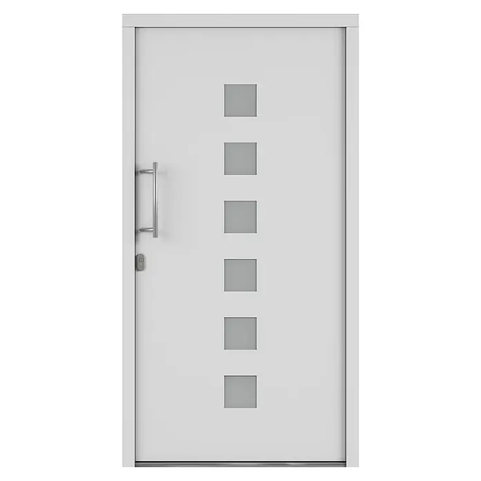 Solid Elements Haustür 7004 - 110 x 210 cm, DIN Anschlag: Links, Verkehrsweiß - Moderne weiße Eingangstür mit vertikalen quadratischen Fenstern und einem eleganten Türgriff.
