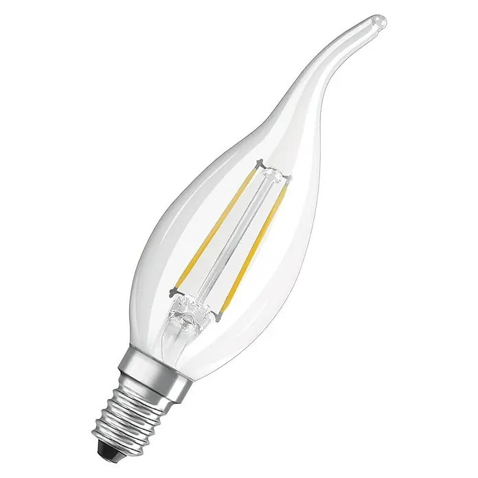 Osram Retrofit Bombilla LED Classic - E14, No regulable, Blanco cálido, 470 lm, 4 W, 1 ud. - Primer plano de una bombilla LED de filamento transparente en forma de vela con filamentos internos visibles. Ideal para iluminación decorativa.