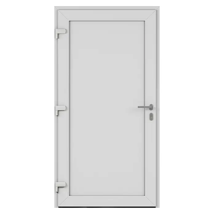 Solid Elements Haustür 7003 - 110 x 210 cm, DIN Anschlag: Links, Anthrazitgrau/Weiß - Abbildung einer weißen Haustür mit einem silbernen Türgriff und Scharnieren. Die Tür hat einen schlichten, modernen Stil.
