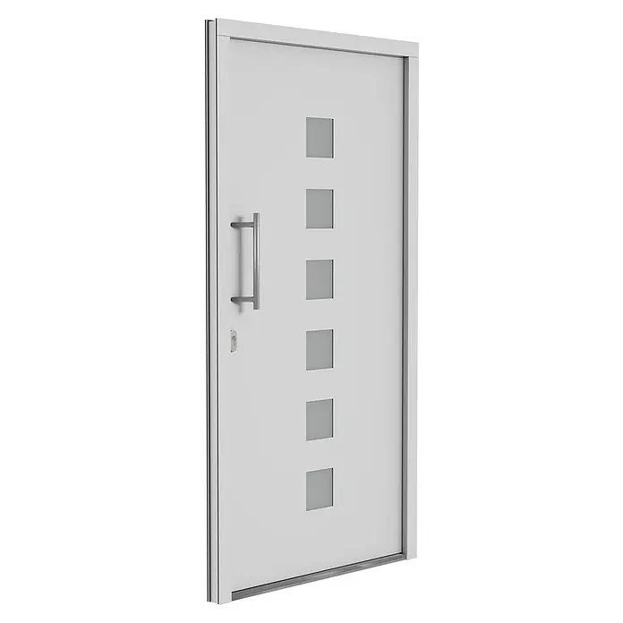 Solid Elements Haustür 7004 - 110 x 210 cm, DIN Anschlag: Links, Verkehrsweiß - Eine moderne, weiße Tür mit vertikal angeordneten quadratischen Fenstern und einem schlanken, silberfarbenen Griff. Das Design ist minimalistisch und elegant.