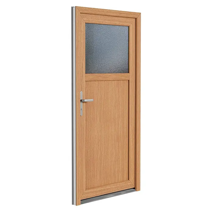 Solid Elements Nebeneingangstür 8004 - 98 x 198 cm, DIN Anschlag: Links, Bergkiefer/Weiß - Eine einflügelige Tür mit Holzrahmen und Glaseinsatz im oberen Bereich, ideal für den Innenbereich.