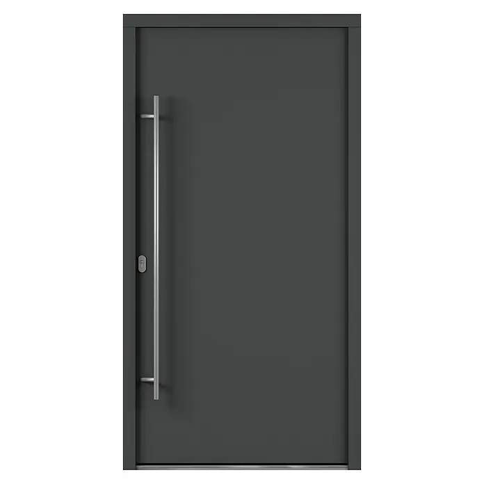 Solid Elements Haustür 7003 - 110 x 210 cm, DIN Anschlag: Links, Anthrazitgrau/Weiß - Eine moderne, graue Haustür mit einem langen, silbernen Griff und einem Schlüsselloch.