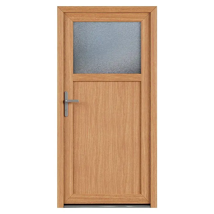 Solid Elements Nebeneingangstür 8004 - 98 x 198 cm, DIN Anschlag: Links, Bergkiefer/Weiß - Aufnahme einer Holztür mit Glaseinsatz. Die Tür ist hellbraun und hat einen silbernen Türgriff.