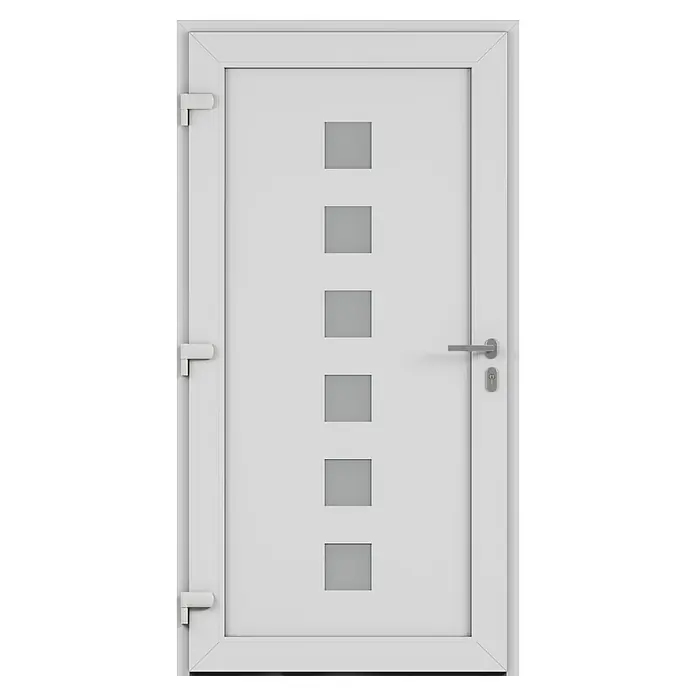 Solid Elements Haustür 7004 - 110 x 210 cm, DIN Anschlag: Links, Verkehrsweiß - Weiße Tür mit sechs quadratischen Fenstern und einem silbernen Türgriff. Die moderne Tür ist schlicht und elegant.