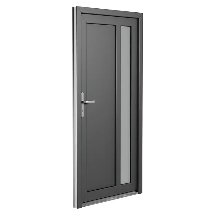 Solid Elements Nebeneingangstür 8003 - 98 x 198 cm, DIN Anschlag: Links, Anthrazit/Weiß - Graue Haustür mit schmalem vertikalem Fenster und silbernem Griff, die ein modernes und elegantes Design ausstrahlt.