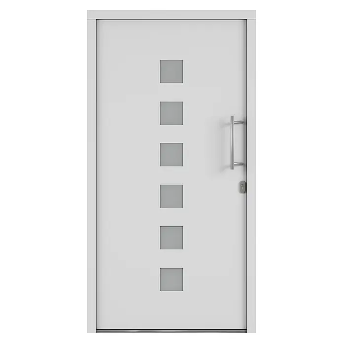 Solid Elements Haustür 7004 - 110 x 210 cm, DIN Anschlag: Rechts, Verkehrsweiß - Moderne weiße Haustür mit senkrechter Fensterreihe und Griff. Elegantes Design für einen einladenden Eingangsbereich.