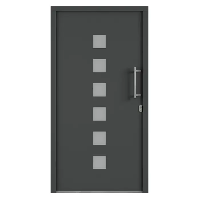 Solid Elements Haustür 7004 - 110 x 210 cm, DIN Anschlag: Rechts, Anthrazitgrau/Weiß - Moderne Haustür mit sechs quadratischen Glaseinsätzen und einem langen, silberfarbenen Griff, die ein elegantes Design bietet.