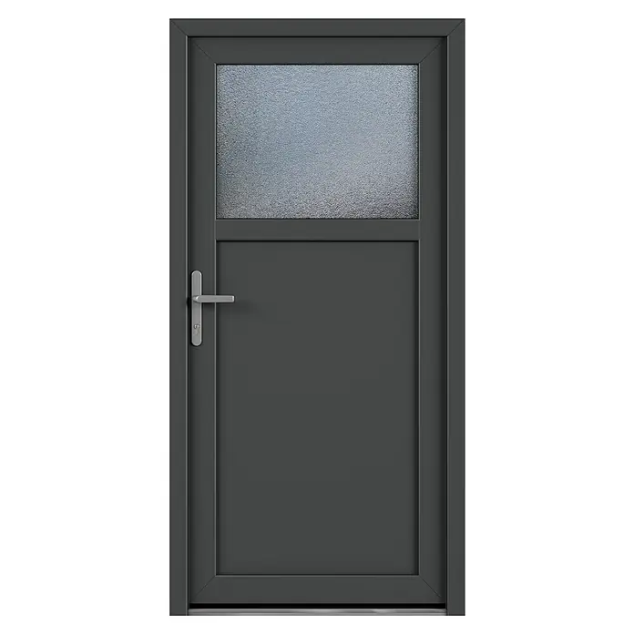 Solid Elements Nebeneingangstür 8004 - 98 x 198 cm, DIN Anschlag: Links, Anthrazit/Weiß - Graue Tür mit einem oberen Fensterbereich mit Mattglas und einem silbernen Türgriff, die ein modernes Design und Privatsphäre bietet.