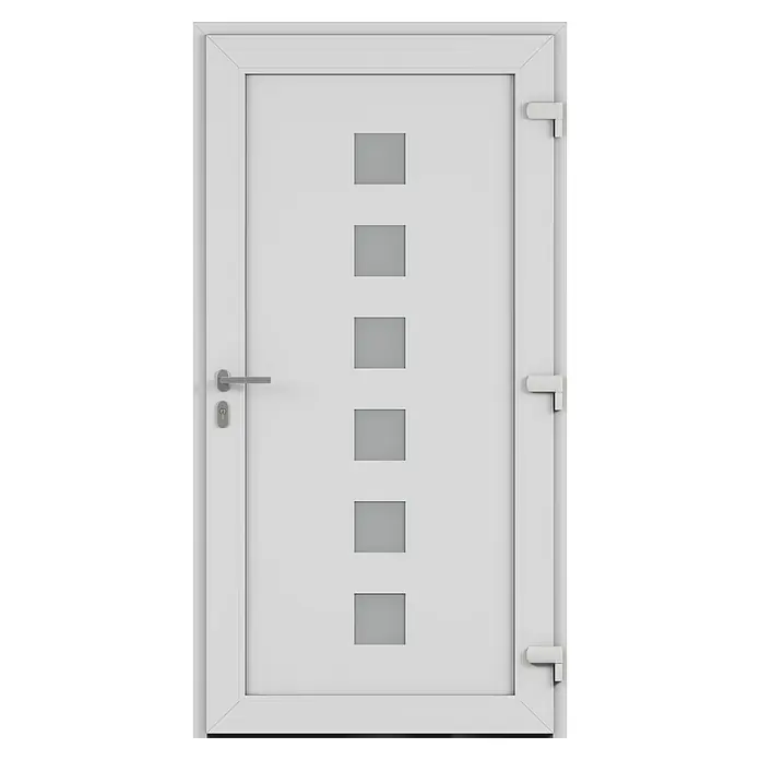 Solid Elements Haustür 7004 - 110 x 210 cm, DIN Anschlag: Rechts, Anthrazitgrau/Weiß - Elegante weiße Tür mit sechs quadratischen Fenstern und modernem Design, perfekt für ein stilvolles Zuhause. Türbeschläge aus Metall.