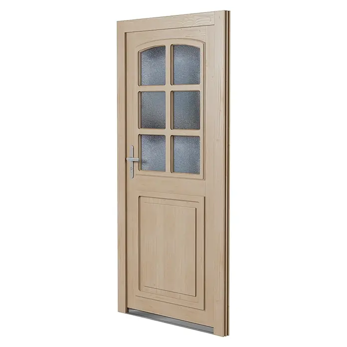 Solid Elements Nebeneingangstür 8704 - 98 x 198 cm, DIN Anschlag: Links, Natur - Helle Holztür mit sechs Glaseinsätzen und einem schlichten Türgriff. Die Tür hat ein klassisches Design und eine natürliche Holzmaserung.