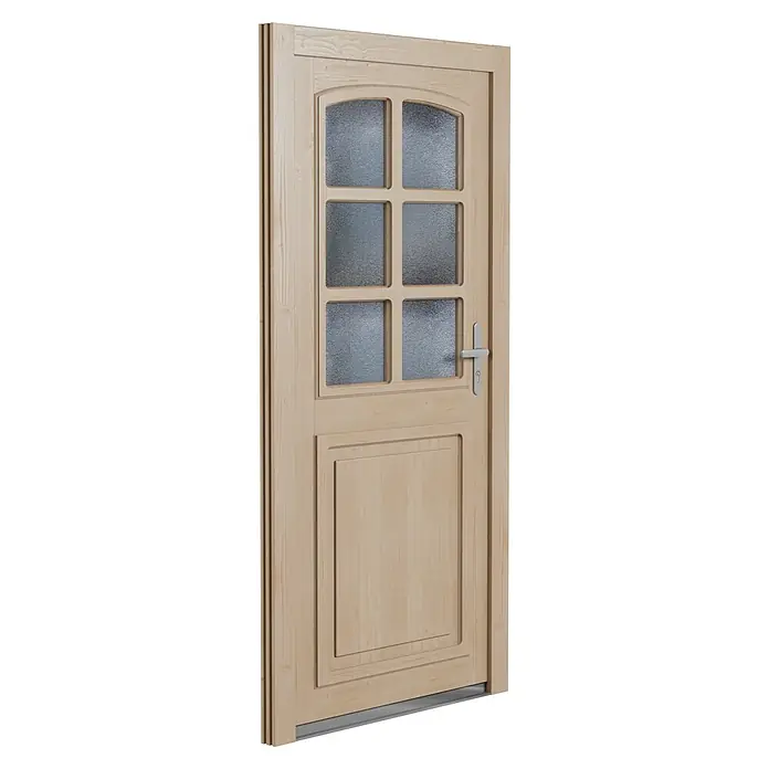 Solid Elements Nebeneingangstür 8704 - 98 x 198 cm, DIN Anschlag: Rechts, Natur - Eine helle Holztür mit Glaseinsatz und silberfarbenem Griff. Das Design der Tür ist sowohl klassisch als auch modern.