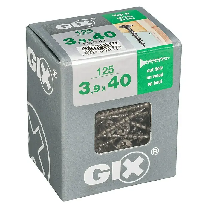 Spax Trockenbauschraube GIX B - Ø x L: 3,9 x 40 mm, Trompetenkopf, 125 Stk. - Eine Schachtel GIX-Holzschrauben (3,9x40) mit 125 Stück, ideal für Holzverbindungen. Die Schrauben sind durch eine transparente Öffnung sichtbar.