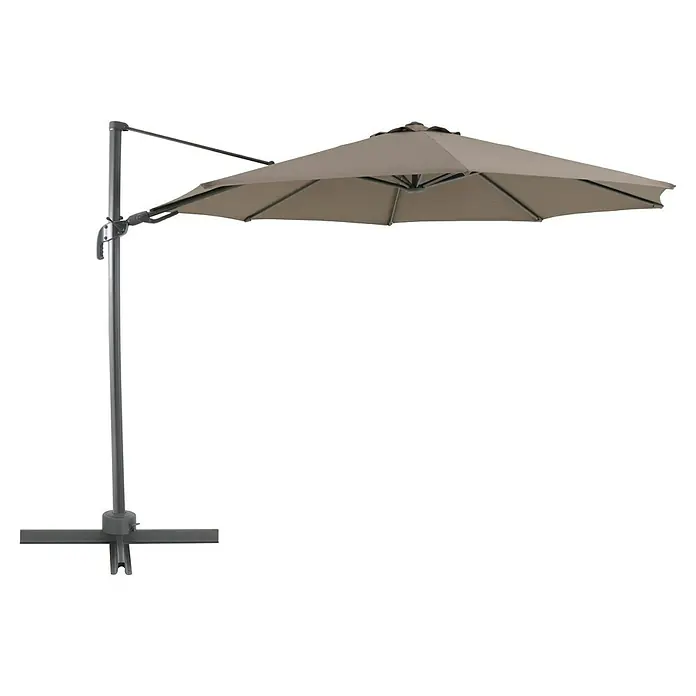 Sunfun Schirmbezug Capri - Taupe, Passend für: Sunfun Ampelschirmgestell Capri Ø 350 cm - Eine stilvolle Nahaufnahme eines freistehenden Sonnenschirms in Taupe, perfekt für jeden Außenbereich, mit robustem Standfuß und schwenkbarem Design.