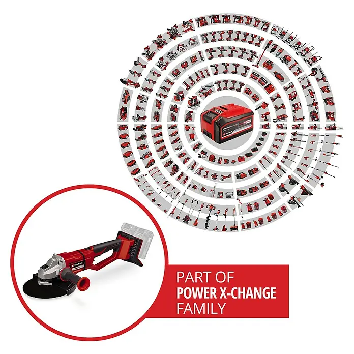 Einhell Professional Power X-Change 18V Akku-Winkelschleifer Axxio 36/230 Q - 18 V, Ohne Akku, Durchmesser Scheibe: 230 mm - Bild zeigt einen Einhell Akku-Winkelschleifer mit Power X-Change Akku und andere Geräte der Power X-Change Familie im Hintergrund.