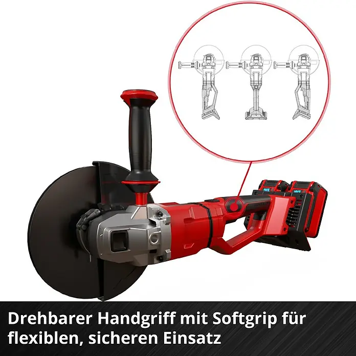 Einhell Professional Power X-Change 18V Akku-Winkelschleifer Axxio 36/230 Q - 18 V, Ohne Akku, Durchmesser Scheibe: 230 mm - Bild einer Akku-betriebenen Trennschleifers mit drehbarem Handgriff für flexiblen, sicheren Einsatz.