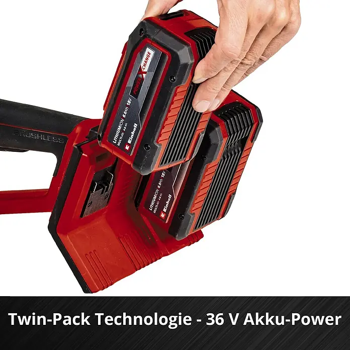 Einhell Professional Power X-Change 18V Akku-Winkelschleifer Axxio 36/230 Q - 18 V, Ohne Akku, Durchmesser Scheibe: 230 mm - Akku-Doppelpack-Technologie: Das Bild zeigt ein 36-V-Akku-System von Einhell mit zwei 18-V-Akkus, die für mehr Leistung sorgen.