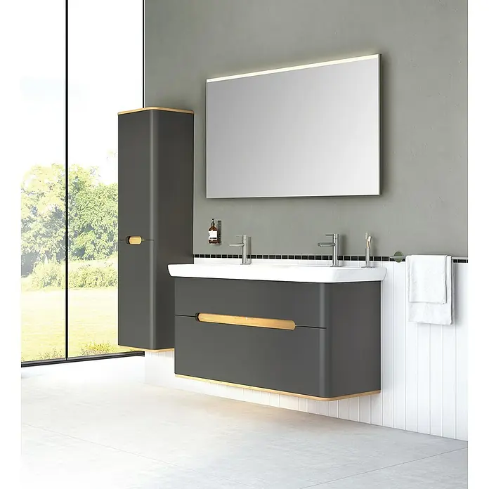 VitrA Sento Badmöbel-Set - 130 cm, Anthrazit, Ohne Wäschekorb - Elegantes Badezimmer-Ensemble mit grauem Waschtischunterschrank, Hochschrank und beleuchtetem Spiegel. Modernes Design für stilvolle Bäder.