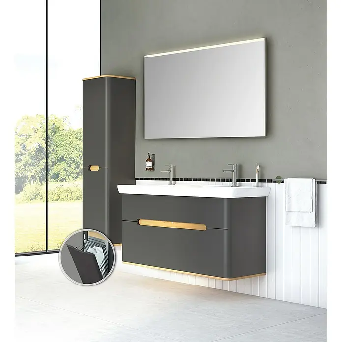 VitrA Sento Badmöbel-Set - 130 cm, Anthrazit, Mit Wäschekorb - Elegantes Badezimmer-Ensemble mit einem grauen Waschtischunterschrank, einem beleuchteten Spiegel und einem passenden Hochschrank für stilvolle Badgestaltung.