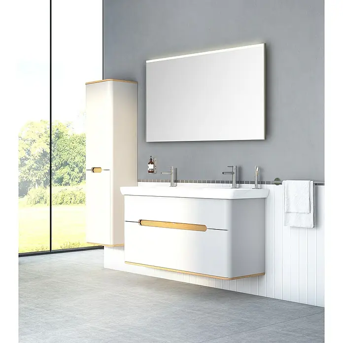 VitrA Sento Badmöbel-Set - 130 cm, Hellgrau, Ohne Wäschekorb - Das elegante Badezimmerensemble mit weißem Waschtisch, Spiegel und Hochschrank bietet stilvollen Stauraum und modernes Design.