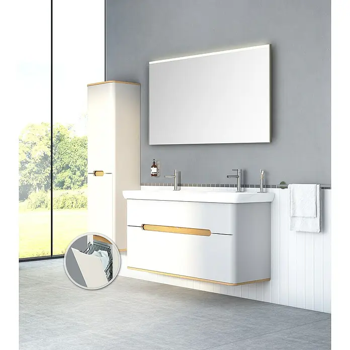 VitrA Sento Badmöbel-Set - 130 cm, Hellgrau, Mit Wäschekorb - Modernes Badezimmer-Waschbecken mit großzügigem Stauraum und stilvollem Design. Der Spiegelschrank mit Beleuchtung rundet das Gesamtbild ab.