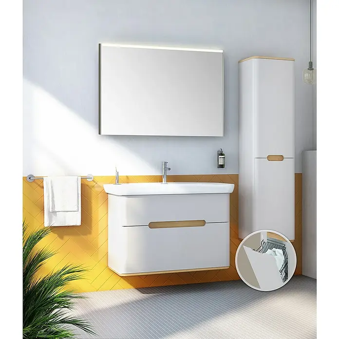 VitrA Sento Badmöbel-Set - 98 cm, Hellgrau, 2 Schubladen, Mit Wäschekorb - Stilvolles Badezimmer-Set mit Waschbeckenunterschrank, Spiegelschrank und Hochschrank in Weiß mit Holzdetails. Modernes Design für Ihr Bad.
