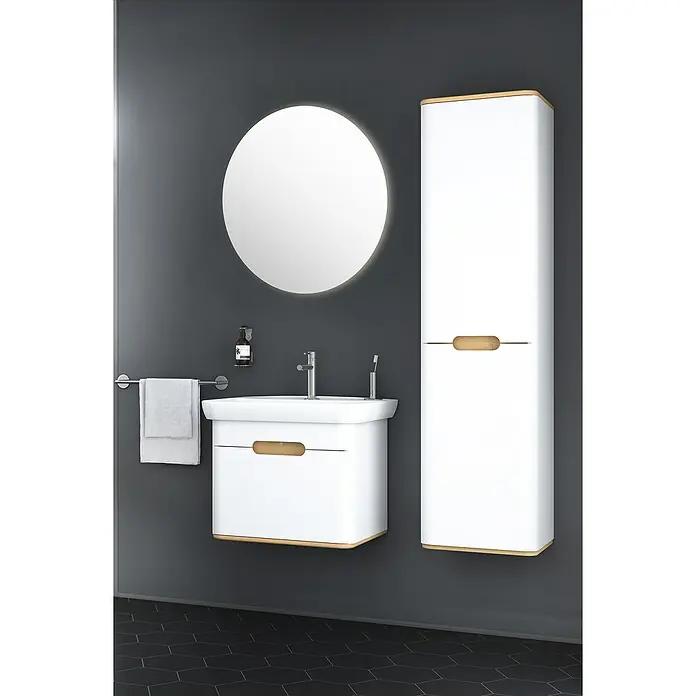 VitrA Sento Badmöbel-Set - 63 cm, Weiß, Ohne Wäschekorb - Modernes Badezimmer-Ensemble mit weißem Waschtisch, rundem Spiegel und Hochschrank vor grauem Hintergrund. Elegantes Design für jedes Bad.
