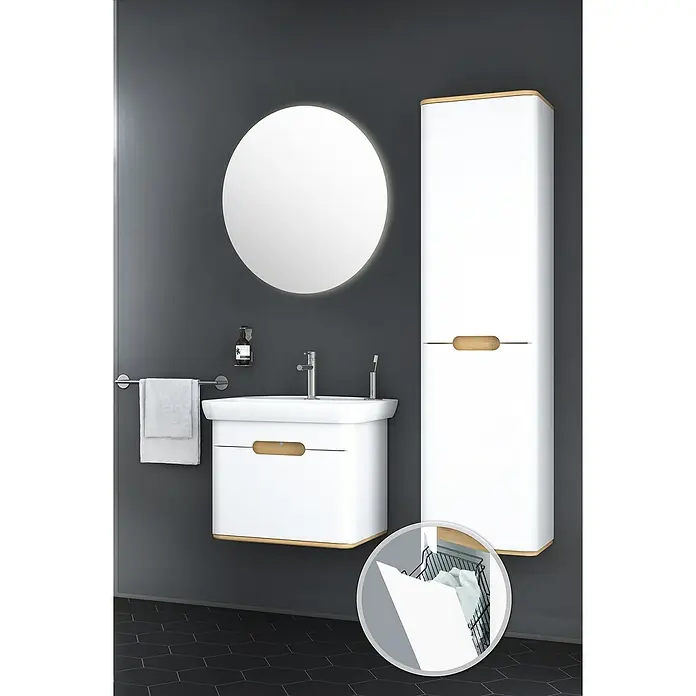 VitrA Sento Badmöbel-Set - 63 cm, Weiß, Mit Wäschekorb - Badezimmer-Set mit Waschtisch, Spiegel und Hochschrank in Weiß mit Holzdetails, modernes und stilvolles Design.