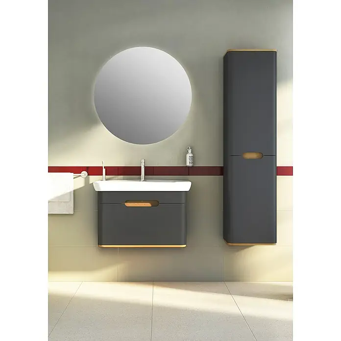 VitrA Sento Badmöbel-Set - 80 cm, Anthrazit, 1 Schublade, Ohne Wäschekorb - Stilvolles Badezimmer-Set mit rundem Spiegel, Unterschrank und Hochschrank in Grau mit Holzdetails für ein modernes Ambiente.