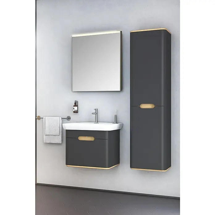 VitrA Sento Badmöbel-Set - 63 cm, Anthrazit, 1 Schublade, Ohne Wäschekorb - Elegantes Badezimmer-Set mit einem grauen Waschbeckenunterschrank, einem passenden Hochschrank und einem beleuchteten Spiegel.