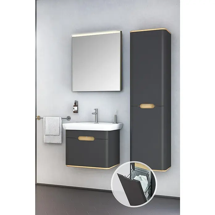VitrA Sento Badmöbel-Set - 63 cm, Anthrazit, 1 Schublade, Mit Wäschekorb - Modernes Badezimmer-Set mit Waschbeckenunterschrank, Spiegelschrank und Hochschrank in Anthrazit mit Holzdetails.