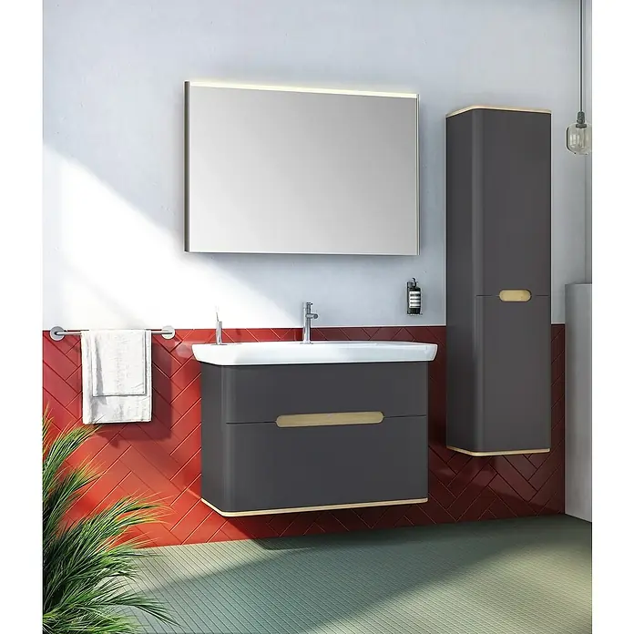 VitrA Sento Badmöbel-Set - 98 cm, Anthrazit, 2 Schubladen, Ohne Wäschekorb - Elegantes Badezimmer-Ensemble mit grauem Waschtischunterschrank, Spiegelschrank und Hochschrank. Die Holzdetails setzen warme Akzente in dem modernen Bad.