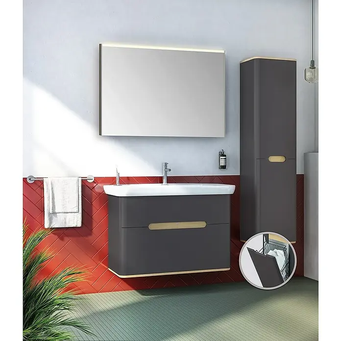 VitrA Sento Badmöbel-Set - 98 cm, Anthrazit, 2 Schubladen, Mit Wäschekorb - Modernes Badezimmer-Ensemble mit grauem Waschtisch, Spiegelschrank mit Beleuchtung und Hochschrank. Elegantes Design für Ihr Bad.