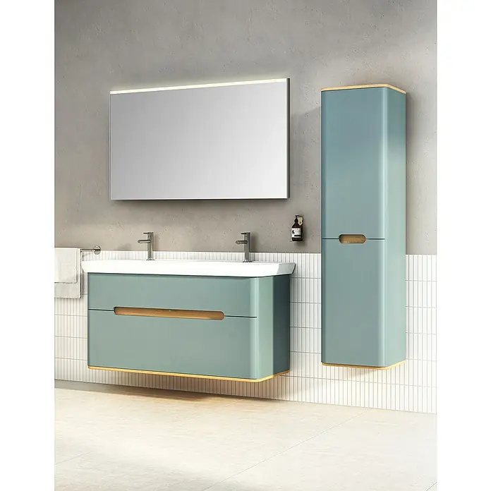 VitrA Sento Badmöbel-Set - 130 cm, Fjordgrün, Ohne Wäschekorb - Badezimmermöbel-Set mit Waschbeckenunterschrank, Spiegelschrank mit Beleuchtung und Hochschrank in modernem Design.