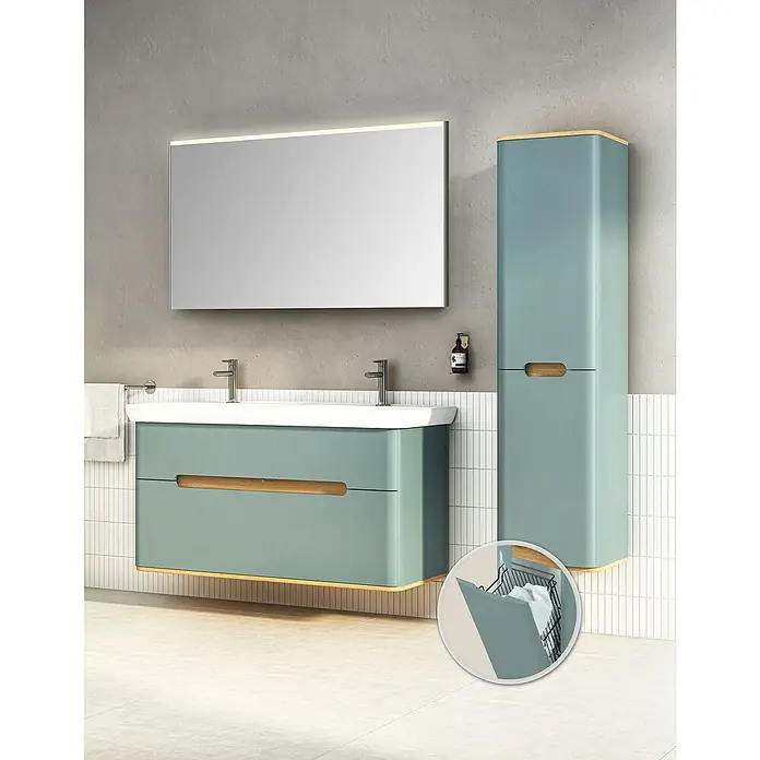 VitrA Sento Badmöbel-Set - 130 cm, Fjordgrün, Mit Wäschekorb - Badezimmermöbelset mit Waschbeckenunterschrank, Spiegelschrank und Hochschrank in modernem Design.