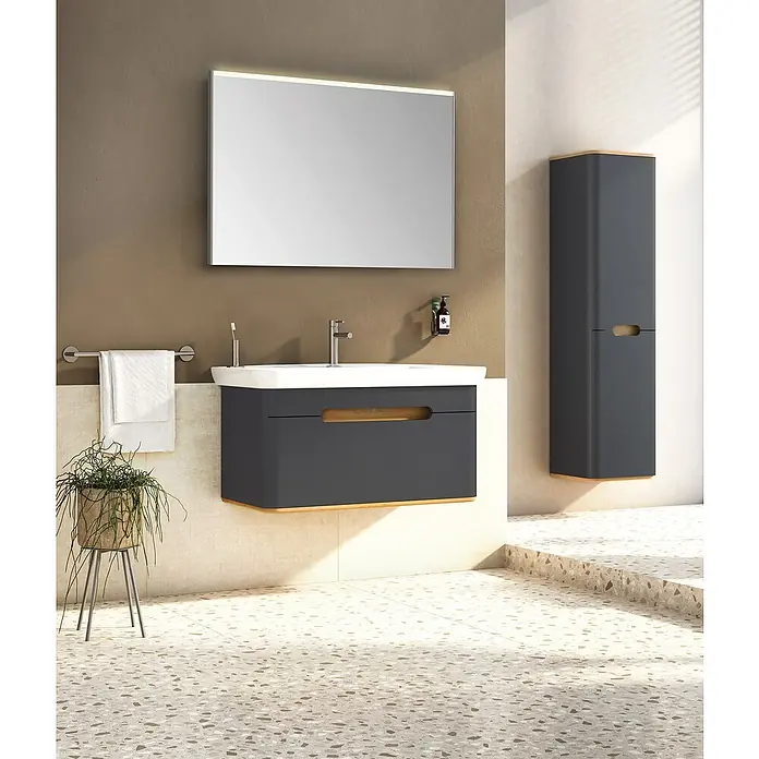 VitrA Sento Badmöbel-Set - 98 cm, Anthrazit, 1 Schublade, Ohne Wäschekorb - Elegantes Badezimmer-Interieur mit einem modernen Waschtisch in Anthrazit und einem beleuchteten Spiegel für stilvolles Ambiente.