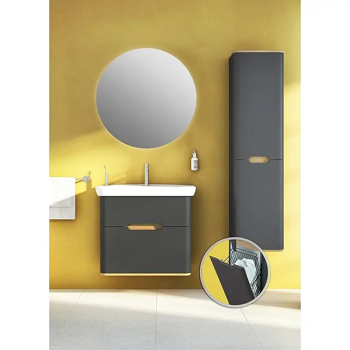VitrA Sento Badmöbel-Set - 80 cm, Anthrazit, 2 Schubladen, Mit Wäschekorb - Badezimmer-Set mit grauem Waschtischunterschrank, runden Spiegel und Hochschrank, ideal für moderne Badezimmer.