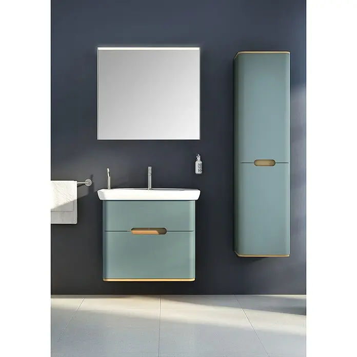 VitrA Sento Badmöbel-Set - 80 cm, Fjordgrün, 2 Schubladen, Ohne Wäschekorb - Modernes Badezimmer mit blaugrünem Waschtisch, Spiegel und Hochschrank. Das schlichte Design sorgt für eine elegante Atmosphäre.