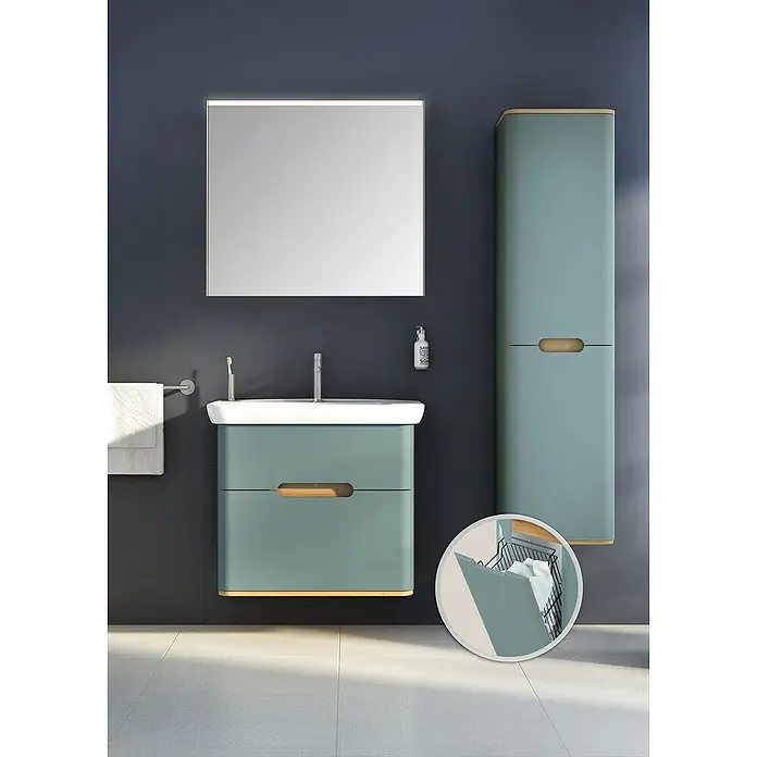 VitrA Sento Badmöbel-Set - 80 cm, Fjordgrün, 2 Schubladen, Mit Wäschekorb - Modernes Badezimmer-Set in Blaugrün mit Waschtischunterschrank, Spiegelschrank und Hochschrank. Stilvolles Design für ein elegantes Bad.