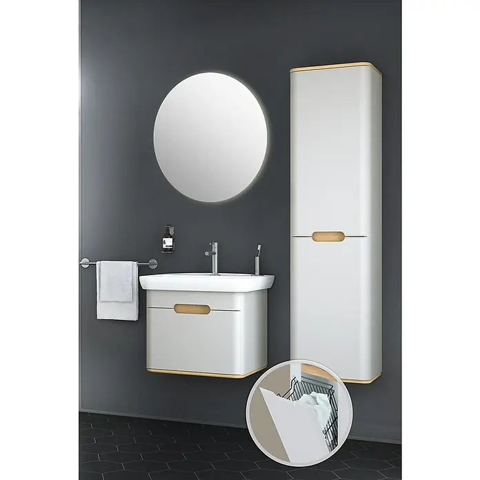 VitrA Sento Badmöbel-Set - 63 cm, Hellgrau, Mit Wäschekorb - Badmöbel-Set mit Waschtisch, Spiegelschrank und Hochschrank in modernem Design. Elegante Badgestaltung für ein stilvolles Badezimmer.