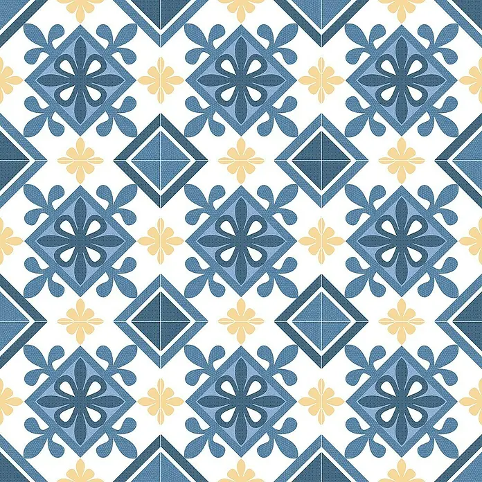 Feinsteinzeugfliese Cordoba Alcazar - 24,8 x 24,8 cm, Bunt, Matt - Bild eines Musters mit blau-weißen Fliesen und gelben Blumen, ideal für Badezimmer oder Küchen, die einen traditionellen Touch suchen.