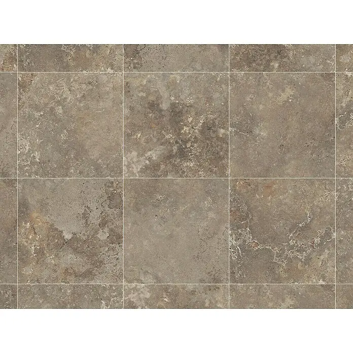 Feinsteinzeugfliese Tivoli Stone - 59,7 x 59,7 cm, Stärke: 7 mm, Caramel, Matt - Nahaufnahme von Bodenfliesen in Graubraun mit dezenten Marmormustern und weißen Fugenlinien für ein modernes Ambiente.