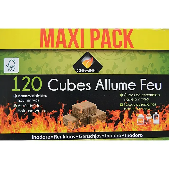 Pastillas de encendido Ecológicas - 120 ud. - Paquete de 120 cubos de encendido Cheminett, ideales para encender madera y cera, inodoros y respetuosos con el medio ambiente gracias a la certificación FSC.