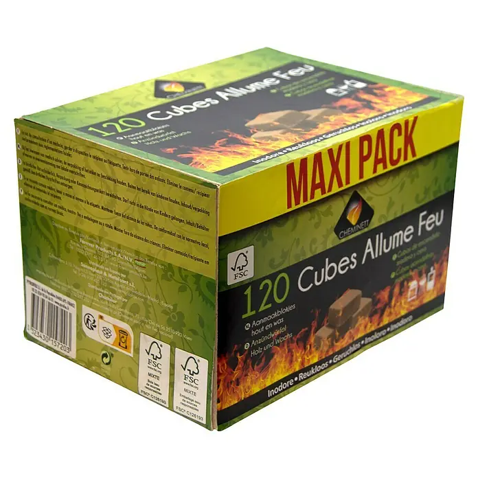 Pastillas de encendido Ecológicas - 120 ud. - Imagen de un Maxi Pack de pastillas de encendido Cheminett 120 Cubes Allume Feu con madera y cera sobre un fondo de llamas.
