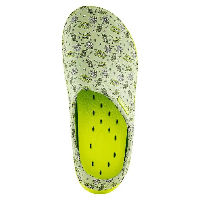 Black Fox Gartenclogs Lily - Schuhgröße: 38, Grün - Grüne floral gemusterte Clogs mit gelbem Fußbett, ideal für Komfort und Stil im Alltag. Der perfekte Sommerschuh für drinnen und draußen.