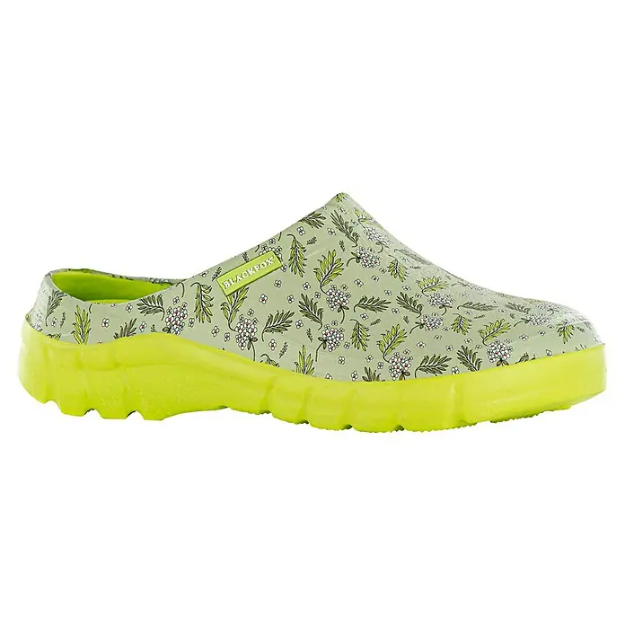 Black Fox Gartenclogs Lily - Schuhgröße: 38, Grün - Blumiger Blackfox Clog mit leuchtend gelber Sohle für Komfort und Stil im Garten oder unterwegs.