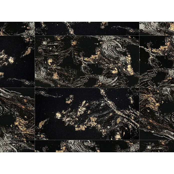 Opiart Feinsteinzeugfliese Oro - 59,7 x 119,5 cm, Schwarz/Gold, Glänzend - Hochwertige Keramikfliese in Schwarz mit faszinierenden goldenen und silbernen Marmoreffekten.